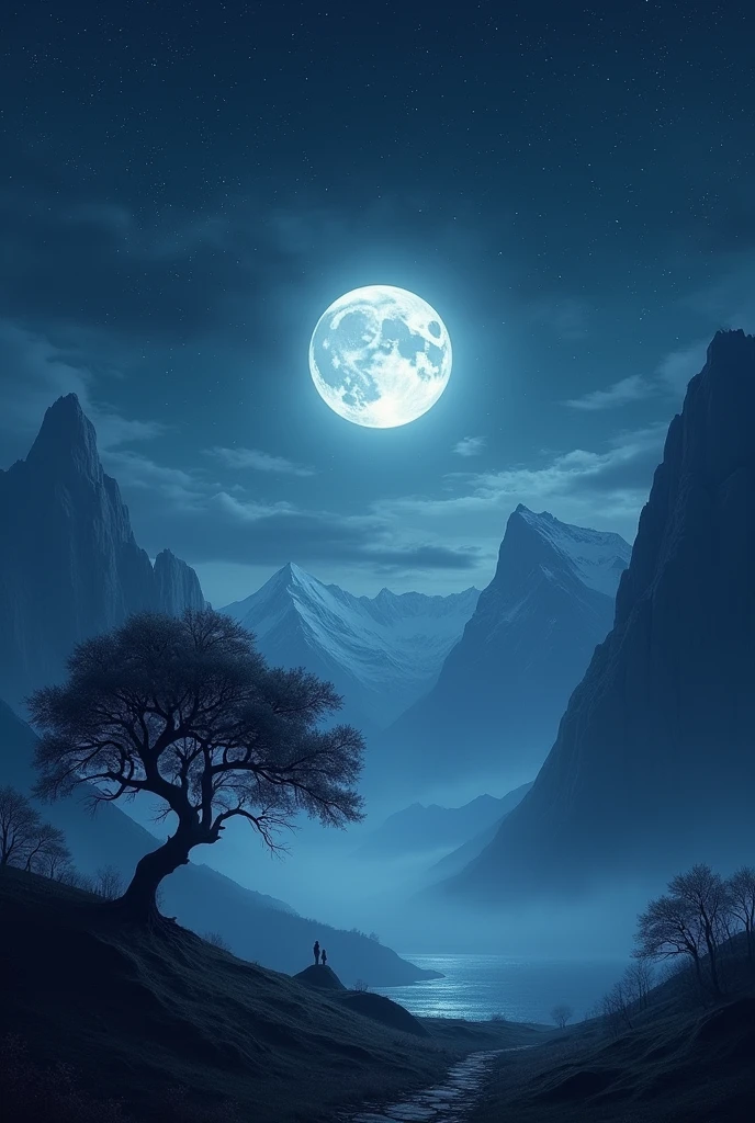 A MOON THERE ARE NIGHT THERE ARE MANY MOUNTAIN AND A TREE AND STAR