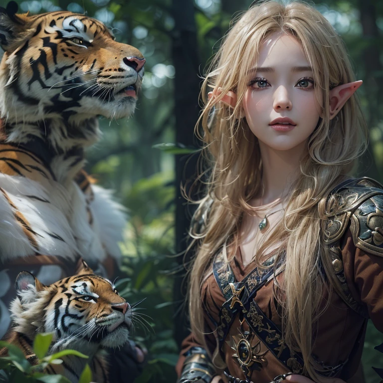 Hair Flow、 ((Highest quality、masterpiece、8k、Best image quality、Ultra-high resolution、Award-winning works)、(Accurate anatomy:1.1)、(Look at me and smile:1.1)、Shining fair skin with Ultra-high resolution、The most detailed face、Ultra-high resolution detailed face、Ultra-high resolutionのblond hair、(Ultra-high resolution eye:1.1)、Beautiful face drawn in every detail、Georgian traditional costume , Chest to chest, Strange atmosphere, Next to him stands a real sabre-toothed tiger, Dark Light, in the forest , Heavy makeup、Elf Ears、