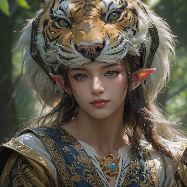 Hair Flow、 ((Highest quality、masterpiece、8k、Best image quality、Ultra-high resolution、Award-winning works)、(Accurate anatomy:1.1)、(Look at me and smile:1.1)、Shining fair skin with Ultra-high resolution、The most detailed face、Ultra-high resolution detailed face、Ultra-high resolutionのblond hair、(Ultra-high resolution eye:1.1)、Beautiful face drawn in every detail、Georgian traditional costume , Chest to chest, Strange atmosphere, Next to him stands a real sabre-toothed tiger, Dark Light, in the forest , Heavy makeup、Elf Ears、