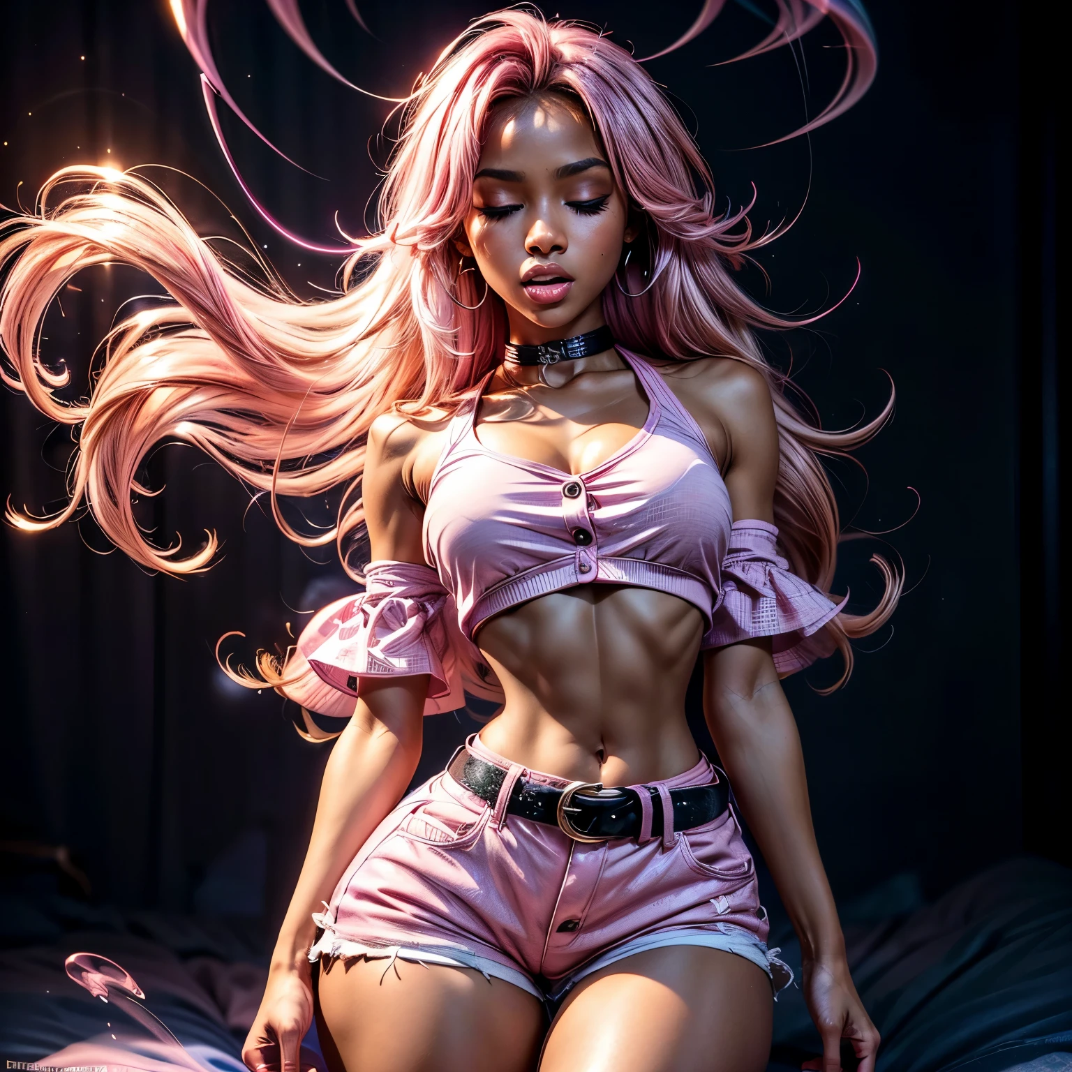 in pink hypnosis, (1), (dark skin), dark skin, wide shot, blond hair, orgasm, (white button down top, pink shorts with belt), (Masterpiece, Professional lighting, 16k, 8k wallpaper, raw photo, photorealistic:1.8, ultra detailed, natural lighting, detailed skin sexy pose, open mouth, big lips, night time, eyes closed, magical world, pink smoke, orgasm, screaming, ((slim thick body:1.2)), hypnosis