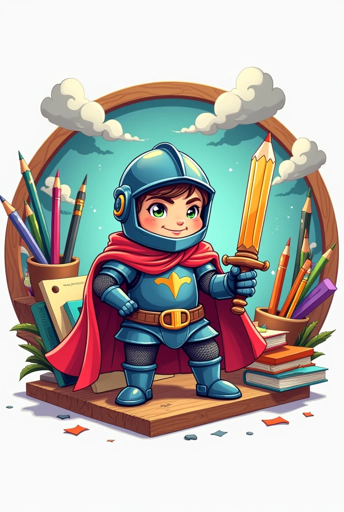 Round logo that has a cartoon drawing of a knight holding a pencil as a sword and in the background has a utensil like sheets of paper, pencils, rules and toys