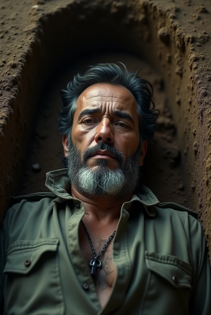 Man with a hard look and strong appearance, tall, a little thin, with Mexican clothing, dead in a grave 