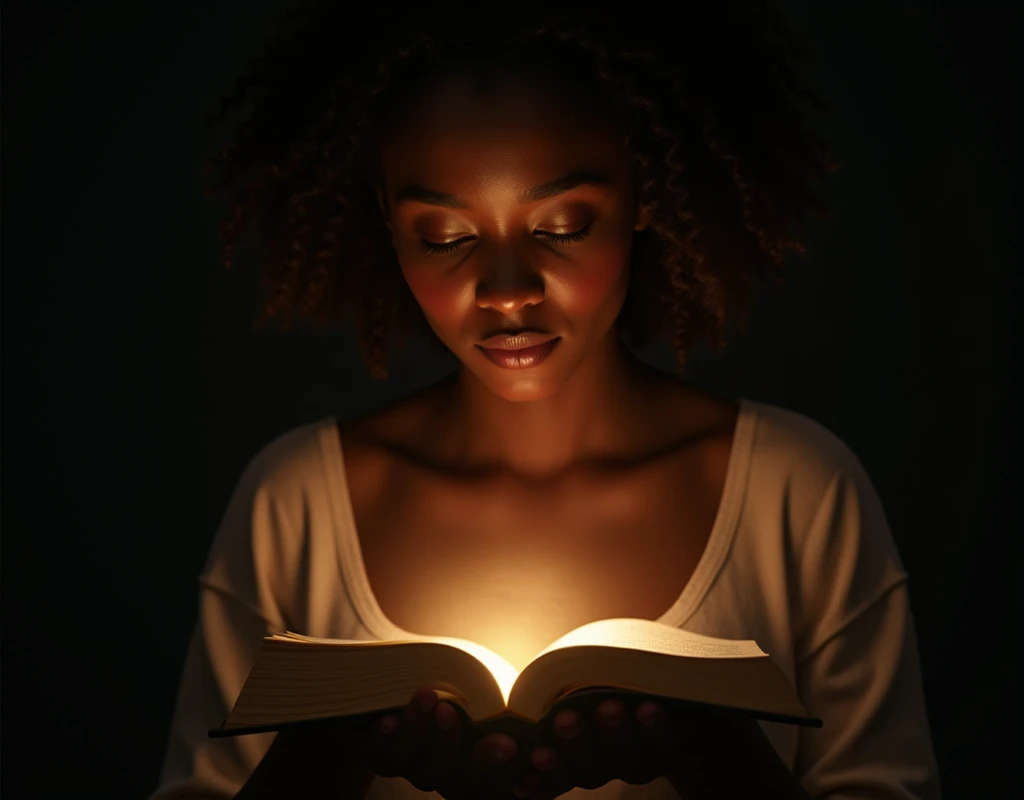 Create a picture showing a black woman with an open Bible pouring light over the text, symbolizing the search for truth. A Man is Reflecting on the Side of the Bible, Demonstrating Introspection about the Faith. best quality, master part, High, 1 dragon,blush, Tyndall effect,Photorealistic, dark studio, rim lighting, two-tone lighting,(highly detailed skin:1.2), 8k hd, DSLR, soft lighting, high quality, volumetric lighting, candid, photography, High resolution, 4K, Bokeh