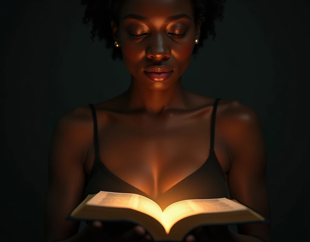 Create a picture showing a black woman with an open Bible pouring light over the text, symbolizing the search for truth. A Man is Reflecting on the Side of the Bible, Demonstrating Introspection about the Faith. best quality, master part, High, 1 dragon,blush, Tyndall effect,Photorealistic, dark studio, rim lighting, two-tone lighting,(highly detailed skin:1.2), 8k hd, DSLR, soft lighting, high quality, volumetric lighting, candid, photography, High resolution, 4K, Bokeh
