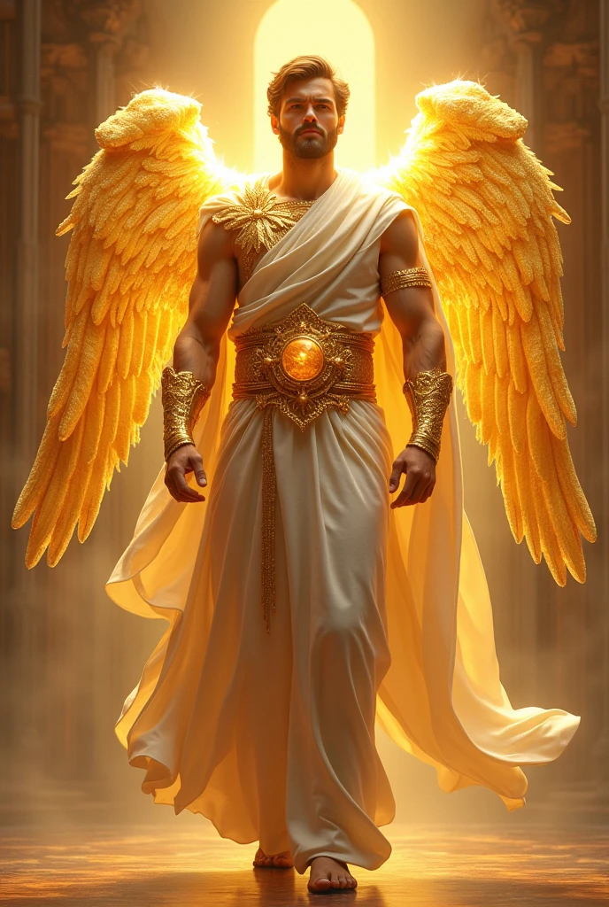 (photorealism:1.2), man clothed in linen, whose loins were girded with fine gold of Uphaz, His body also was like the beryl, and his face as the appearance of lightning, and his eyes as lamps of fire, and his arms and his feet like in colour to polished brass