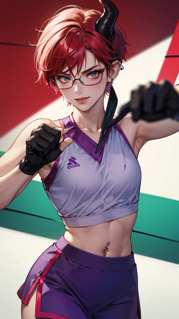 8k, masterpiece, best quality, highly detailed, 1 girl, tiefling, warlock, pixie cut, multicolored hair, very short straight hair red highlight hair on white hair, strippled hair, wearing glasses, round glasses, earrings, navel piercing, red eyeshadow, long eyelashes, blushed cheek, red lips, pearl necklace, rings, collarbone, mole on face, glamorous, teal and purple clothes, sleeveless, sport skirt, sport bra, smirk, close up view, rings, looking at viewer, demon horns, boxing gym, boxing glove 