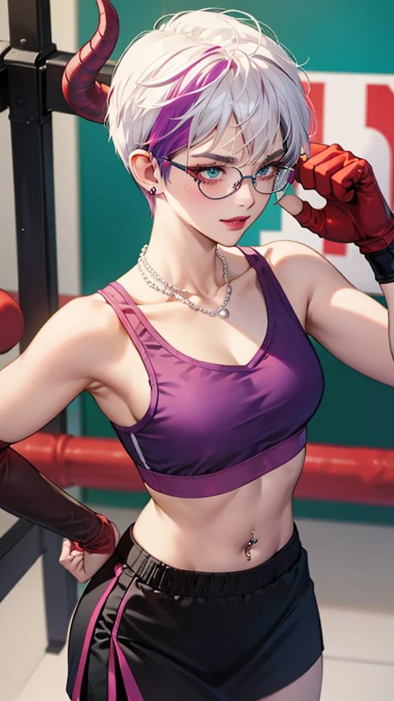 8k, masterpiece, best quality, highly detailed, 1 girl, tiefling, warlock, pixie cut, multicolored hair, very short straight hair red highlight hair on white hair, strippled hair, wearing glasses, round glasses, earrings, navel piercing, red eyeshadow, long eyelashes, blushed cheek, red lips, pearl necklace, rings, collarbone, mole on face, glamorous, teal and purple clothes, sleeveless, sport skirt, sport bra, smirk, close up view, rings, looking at viewer, demon horns, boxing gym, boxing glove