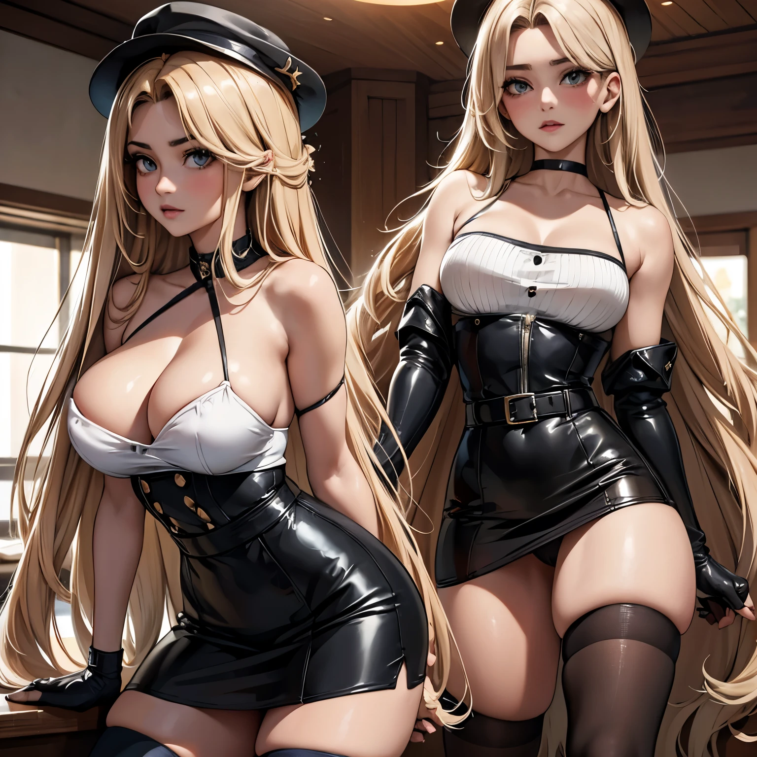 on fours, back view, sex, sensual poses, hot poses, legs spread, (masterpiece, best quality:1.4), absurdres, highres, ultra detailed, beautiful, (secretary), (perfect face, detailed face, beautiful:1.3),(natural breasts, cleavage), collarbone, fingerless gloves, gloves,spaghetti strap top, black pencil skirt, tight, over the knee skirt, hat, elegant secretary outfit, thighhighs, thick thighs, thighs, multiple belts, More detailed 8K.motor irreal:1.4,UHD,La mejor calidad:1.4, fotorrealista:1.4, textura de la piel:1.4, obra maestra:1.8,obra-prima, mejor calidad,objeto Objeto], (detailed face features:1.3),(manos detailed)
