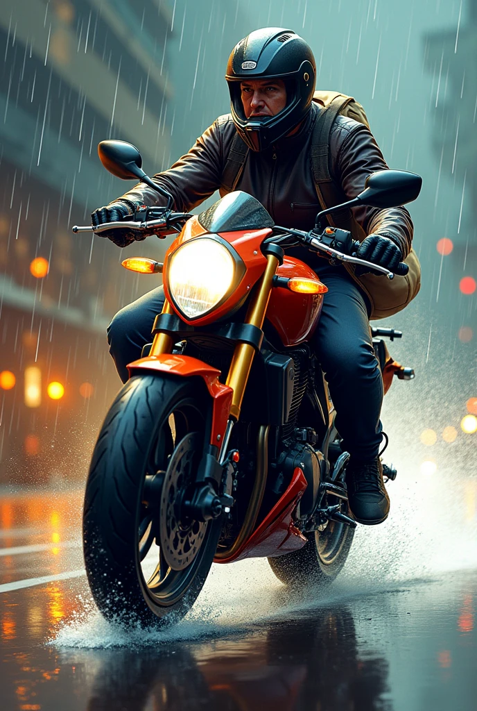 drawn in the form of a colored drawing, a man in profile riding a motorcycle wearing a helmet and carrying a bag of jewelry on his back in the rain