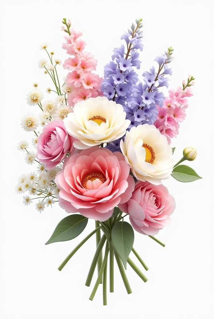 A bouquet outline of stocks, babys breath, carnations, dahlias, lilacs and peonys 