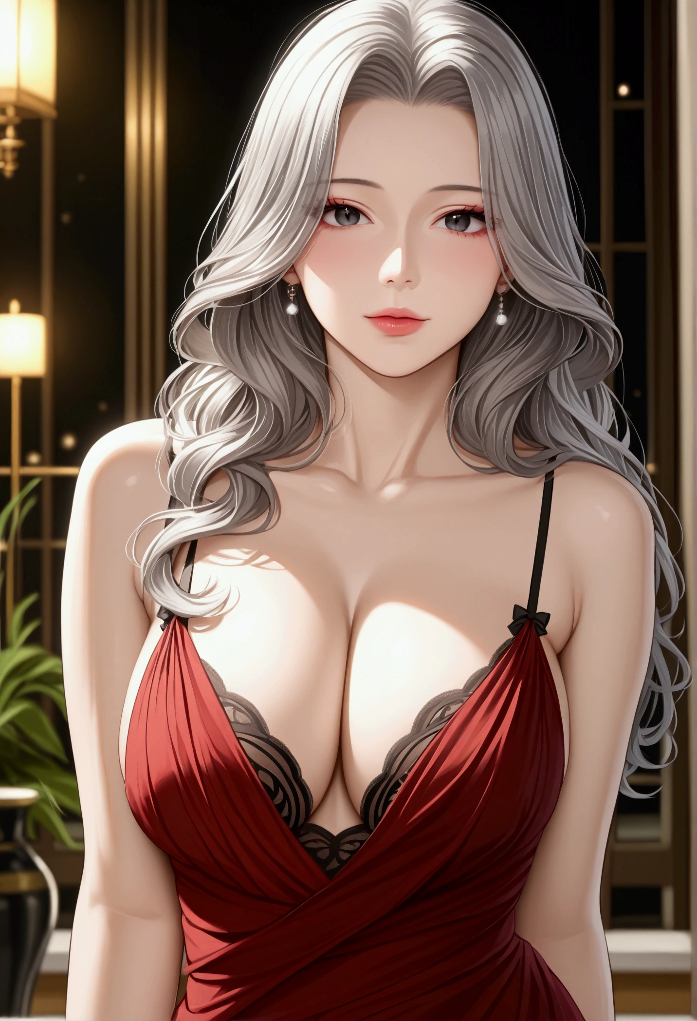 score_9, score_8_superior, score_7_superior, High-resolution CG illustration,A masterpiece in 32K resolution,Highest quality,it is really amazing,Very detailed,Ultra-high resolution,Ultra-realistic,Realistic,Increased depth of field,Cinematic lighting,
Elegant mature Japanese woman,
Shiny silver hair,Wavy long hair,Showing his forehead,god々Beautiful,Ultra-detailed and beautiful face,Sensual look,Beautiful dark brown, moist eyes,Pitch black eyes,Glowing, moisturized skin,Translucent white skin,born々New skin texture,Great proportions,
Elegant wine-red slit dress,spaghetti straps,Deep slit,Detailed and beautiful lace decorations,born地の柔らかな質感,
Black panties,
Black Stockings,
Tokyo Tower Observatory,Background of big city night scene,
Dramatic Angle,