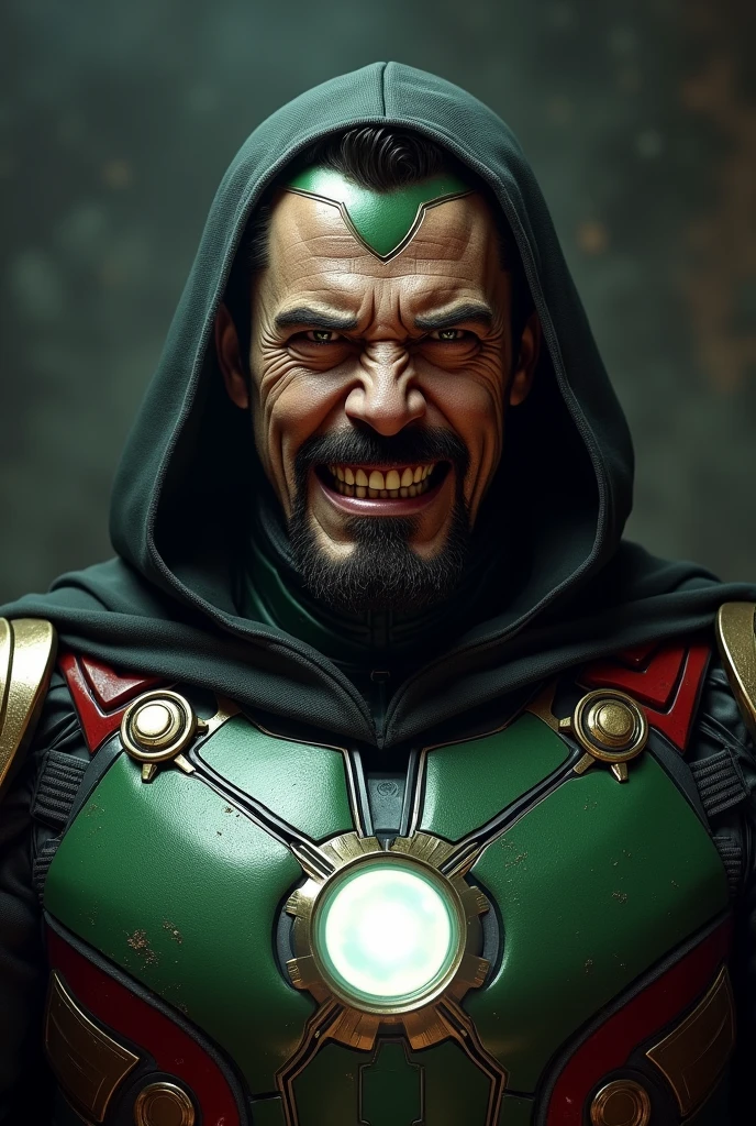 Generate an image of Tony Stark in the Dr Doom suit so that his face looks like a villain