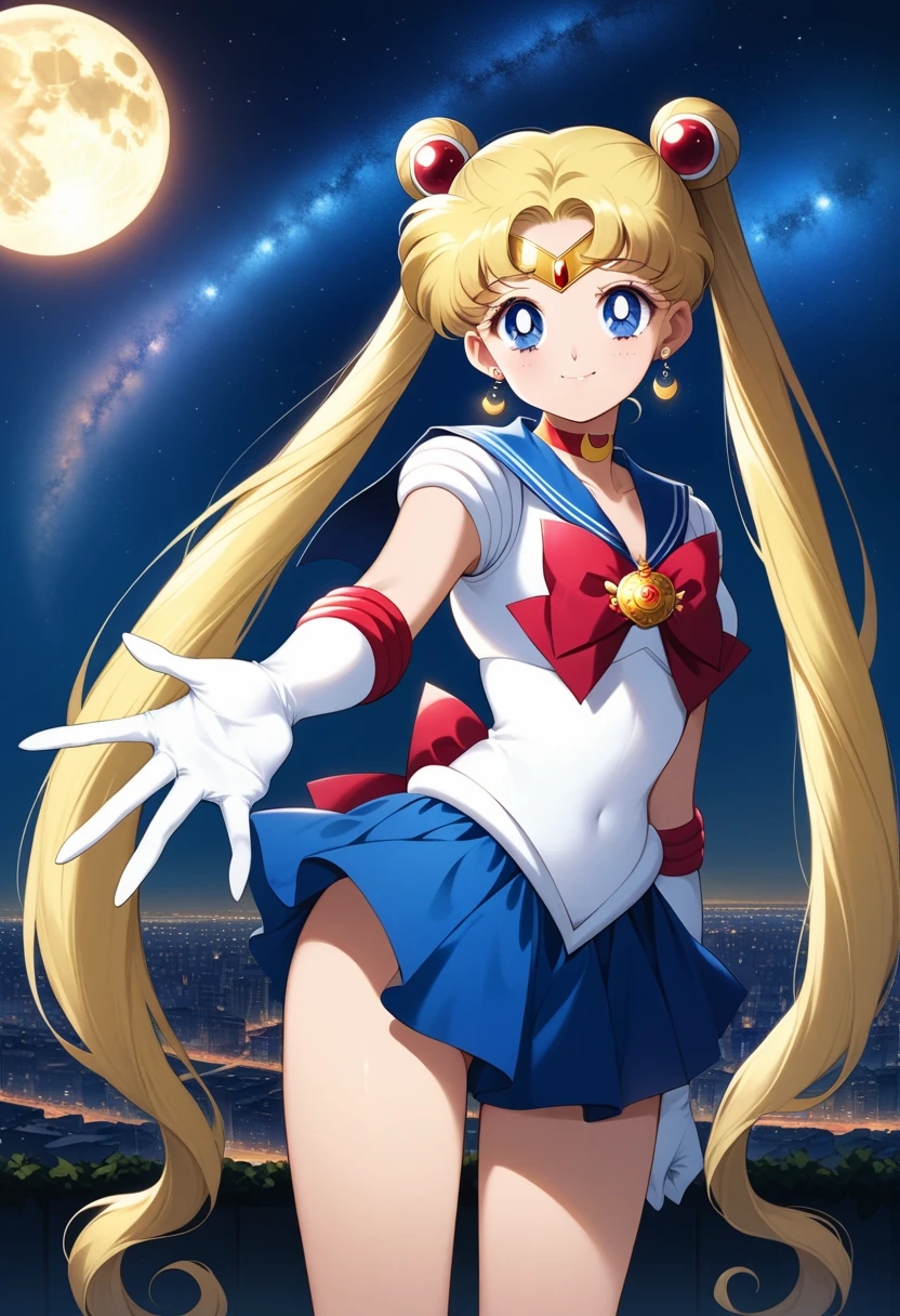 (masterpiece, Highest quality, so beautiful, Super detailed), Intricate details, 4K, Honestly, Long Hair, Double Bang, Twin tails, Parted bangs, tiara, Earrings, blue eyes, Red choker, Blue sailor collar, Red Bow, White shirt, Elbow hand pockets, White gloves, Blue Skirt, Are standing, Cowboy Shot, city, Outdoor, night, moon, milky way, Reaching out, smile