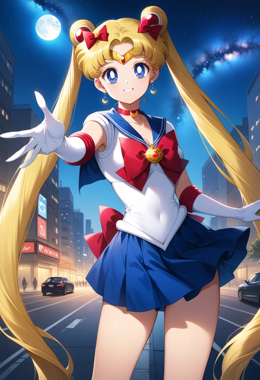 (masterpiece, Highest quality, so beautiful, Super detailed), Intricate details, 4K, Honestly, Long Hair, Double Bang, Twin tails, Parted bangs, tiara, Earrings, blue eyes, Red choker, Blue sailor collar, Red Bow, White shirt, Elbow hand pockets, White gloves, Blue Skirt, Are standing, Cowboy Shot, city, Outdoor, night, moon, milky way, Reaching out, smile