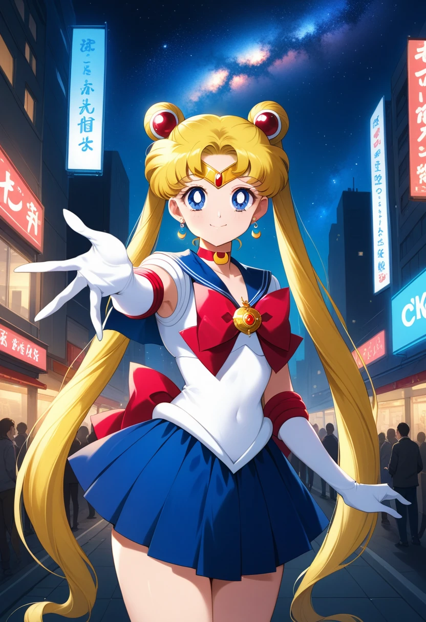 (masterpiece, Highest quality, so beautiful, Super detailed), Intricate details, 4K, Honestly, Long Hair, Double Bang, Twin tails, Parted bangs, tiara, Earrings, blue eyes, Red choker, Blue sailor collar, Red Bow, White shirt, Elbow hand pockets, White gloves, Blue Skirt, Are standing, Cowboy Shot, city, Outdoor, night, moon, milky way, Reaching out, smile
