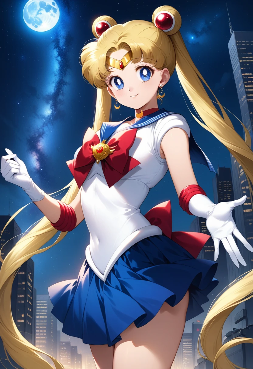 (masterpiece, Highest quality, so beautiful, Super detailed), Intricate details, 4K, Honestly, Long Hair, Double Bang, Twin tails, Parted bangs, tiara, Earrings, blue eyes, Red choker, Blue sailor collar, Red Bow, White shirt, Elbow hand pockets, White gloves, Blue Skirt, Are standing, Cowboy Shot, city, Outdoor, night, moon, milky way, Reaching out, smile