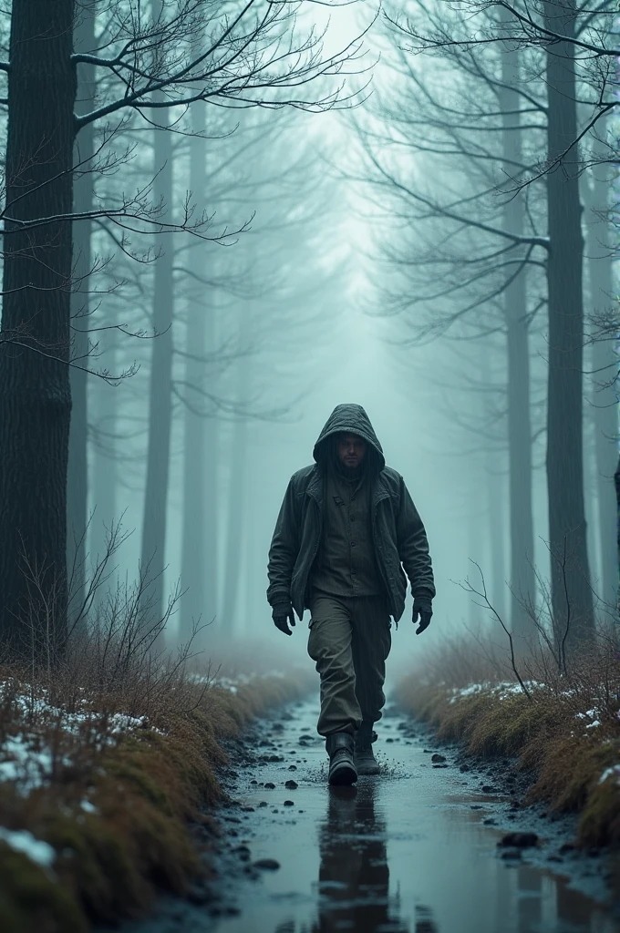 Generate image about a man in rainy forest with a little bit snow