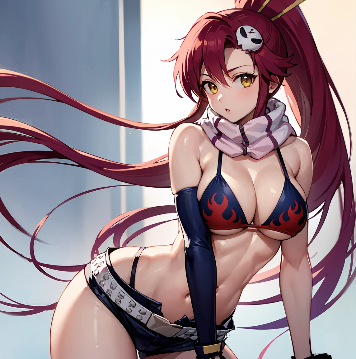 One girl、cool、sexy、独奏、black bikini top、Big Breasts、cleavage、had large breasts、Bare shoulders、Black gloves、in a triangle bikini top、Flame print、hair ornaments、Long Hair、Red hair、ponytail、scarf、Shorts、bikini top with an black、Expressionless、Lips parted、Yellow Eyes(nullの目)、Yoko Ritenour、Yokori、Highest quality、masterpiece、null、Weak、Are standing、looking at viewer、Cowboy Shot、Female focus、