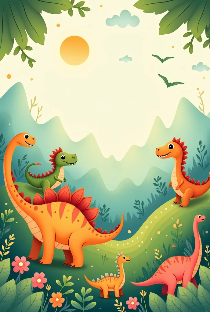 Notebook cover for children with dinosaur motifs in a cute landscape