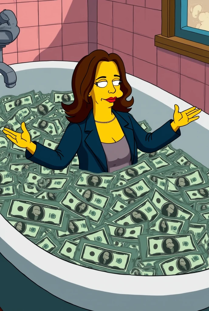Kamala Haris Simpson bathtub full of dollars with lines in the style of the Simpson cartoon
