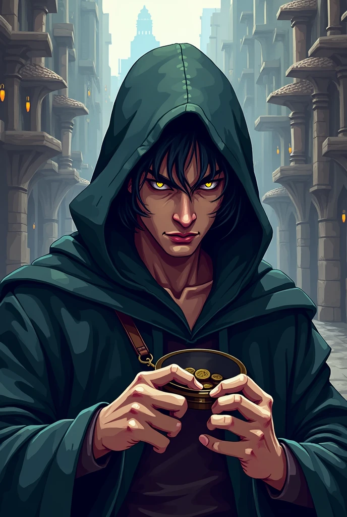 Male half-elf with yellow eyes, wearing a hood and holding a small mirror and stealing someone else's coin purse PIXEL