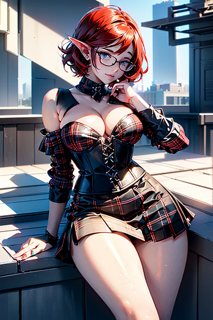 (large breasts 1.4), beautiful elf woman, ((Short Red Hair: 1.6, straight with shine)), bright blue eyes, bright eyes, double eyelids, light effect on eyes, detailed irises, sexy curvy body, ((white off the shoulder corset, black and red plaid mini skirt, black high heels)), ((work of art, hyper-realistic, hyper detailed, Best quality, 16k, light and shadow on skin, vivid colors), eyeliner, Thin eyebrows, Sensual expression, perfect pouty lips, innocent and sexy mature face, ((skin with light and shadow) flirting with the viewer, lots of freckles, full lips, lips parted, extreme blush, smile, ((Posing Sensually on rooftop)), fingertip resting on lower lip, late at night, rays of light, masterpiece, wearing glasses