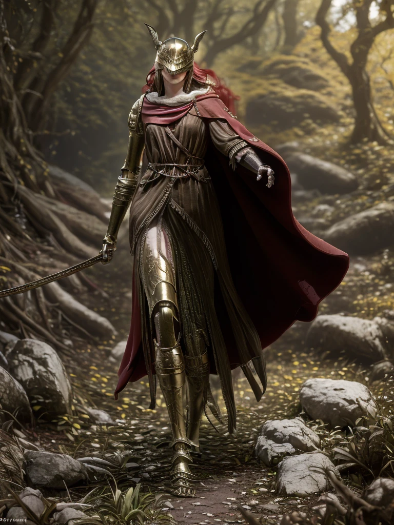 eldenring\(malenia\), (8k, RAW photo, best quality, masterpiece:1.2), (realistic, photo-realistic:1.37), very long hair, beautiful face, beautiful eyes, 1girl, beautiful face, (long red cape:1.3), solo, mecha right arm, mecha left leg, (cursed_left_arm), very long hair, red hair, red cape, dress, covered eyes, closed mouth, full body,(right hand prosthesis:1.3), (((left hand is nature))), ((prosthesis left leg:1.2)),(right leg is nature:1.1), stroll in the woods, green trees, weapon, holding blade, face to the viewer, malenia_blade, tattoo, walking, in a dungeon