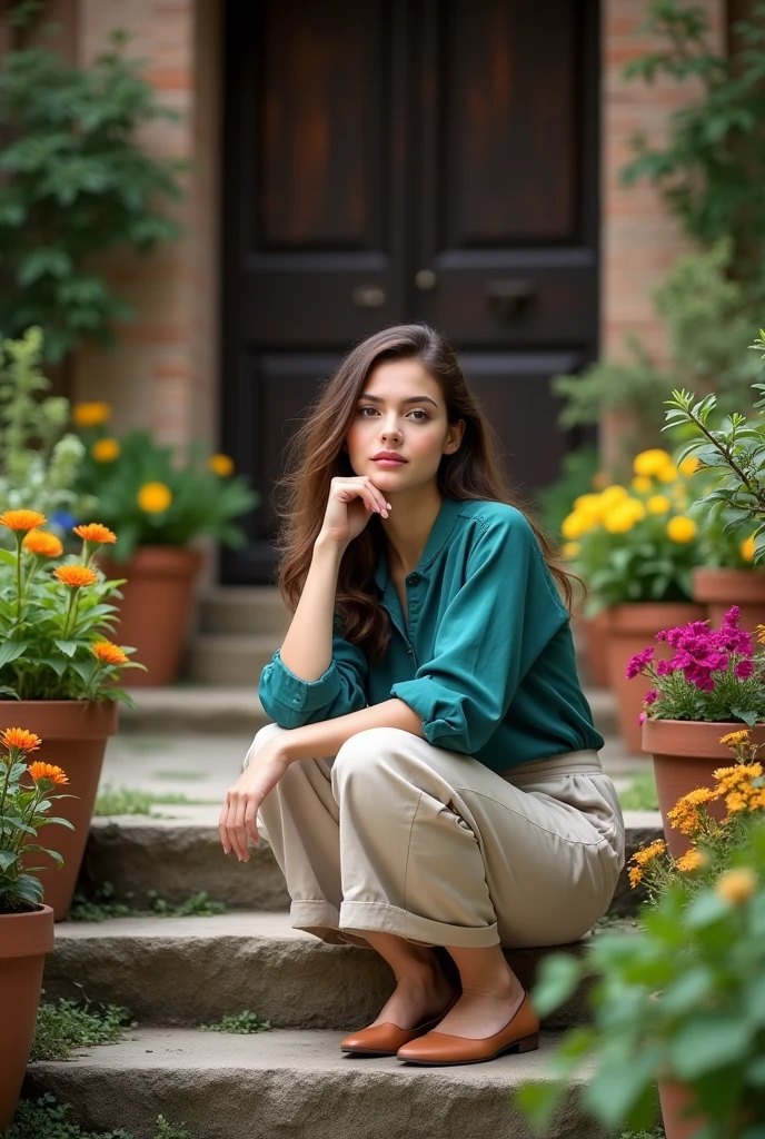 Vibrant outdoor portrait of a young woman sitting on stone steps surrounded by lush greenery and potted plants. She has long, wavy brown hair and fair skin, with a thoughtful expression on her face. She is wearing a teal blouse with rolled-up sleeves and a long, mini short pant, paired with light brown flats. The background features a variety of colorful flowers in terracotta pots, and a dark wooden door is visible in the distance, adding depth to the scene. The overall composition is balanced and serene, highlighting the natural beauty of the setting and the subject.