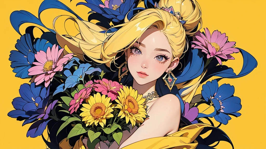 32K, 最高quality, 最高masterpiece, (ultra-Detailed Background, Detailed Background), High resolution, Super detailed, Very detailedな, 1 personの, (bouquet:1.3), (Tangled:1.2), (Geometric:1.2),(colorful),(masterpiece, quality, best quality, Official Art, Beautiful and beautiful:1.2), (1 person:1.3), Very detailed,(colorful:1.1)(Flowers:1.3),Most detailed,(Tangled:1.2), whole body, (Abstract background:1.3), (Skin glows), (Many colors:1.4), ,(Earrings Jewelry:1.5), Yellow background, It's imaginative., Milk tea colored hair, Updo,