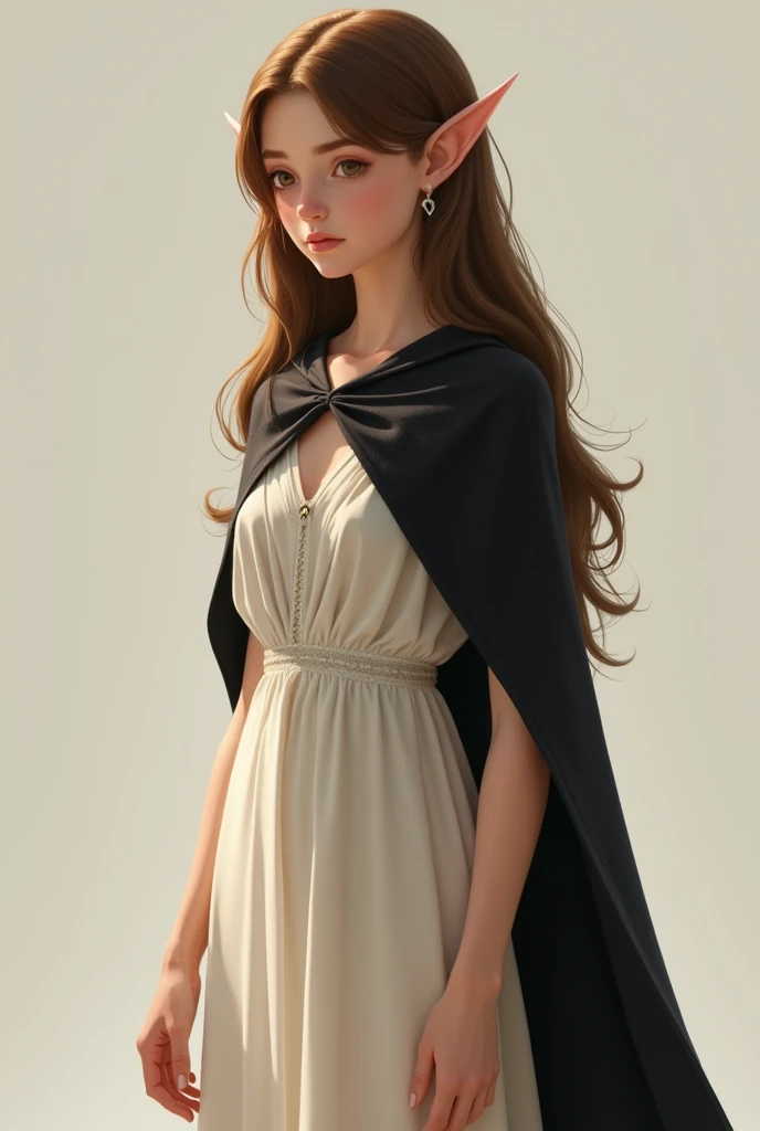 Sweet elf with brown long smooth hair. White dress. whole body. elf ears. young adult woman. black cape  with white dress