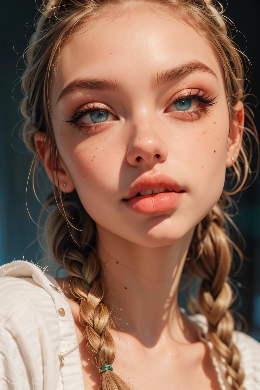 Close-up face. (1girl), (solo), (Full body photo), (low angle shot), (masterpiece:1.0), (best quality:1.4), (ultra highres:1.2), (photorealistic:1.4), 8k resolution, absurdres, ultra detailed, sharp focus, (low light: 1.4), photorealistic, Beautiful face with symmetry, Wearing classic green costume, hot Body, Gradient Eyes, Intense crystal light blue eyes, Intense highlighting of the eyes, Slightly bigger eyes, Double eyelids, lipgloss, Full lips, (Perfect hot Body), (Blond hair with twin braids), place with lots of snow and snowy mountains