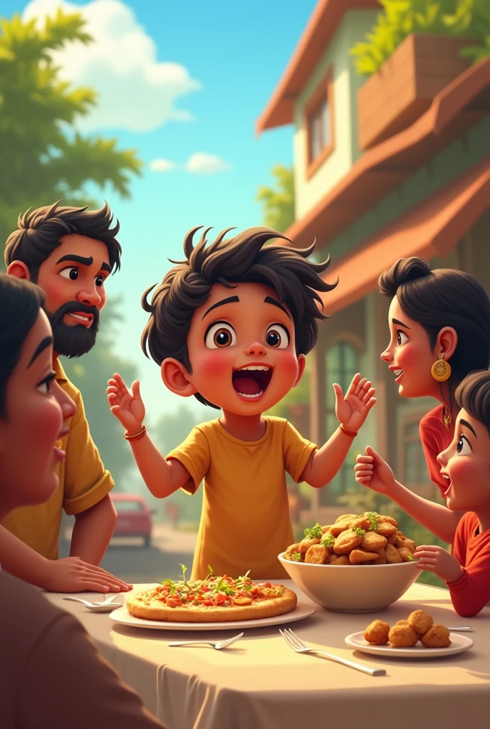 rohan, a little child, I tell my mom and dad every day, “Krishna Dosha aur Pavbhaji restaurant chalo!” Mummy-papa ne socha aur weekend pe uski ichha puri ki. rohan khushi se chilla utha, aur restaurant me pavbhaji khakar woh bahut khush hua. Family outing made everyone smile.