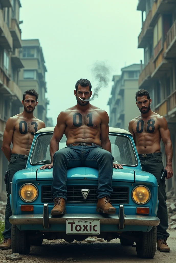 Generate a 1080*2400 sized wallpaper of 3 men. The have their number tattoo like 01 , 03 , 08 respectively on their chest . Ensure that their tattoo are visible clearly. The 01 number men 
are sitting on the roof of old blue dacia car and smoking a cigarette  in up head style. One of them is standing at left side of car and other one is on right side with guns. TOXIC are printed on the car number plate .This are are situated in infected area.