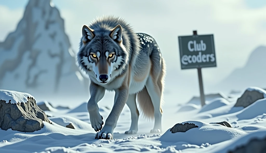 detailed alpha wolf, tundra landscape, a sign that says "Club @coders", cinematic lighting, dramatic composition, volumetric fog, muted color palette, hyper realistic, octane render, 8k, highly detailed, photorealistic