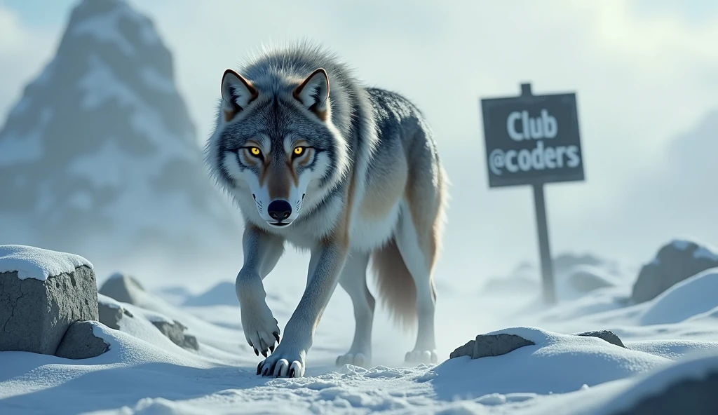 detailed alpha wolf, tundra landscape, a sign that says "Club @coders", cinematic lighting, dramatic composition, volumetric fog, muted color palette, hyper realistic, octane render, 8k, highly detailed, photorealistic