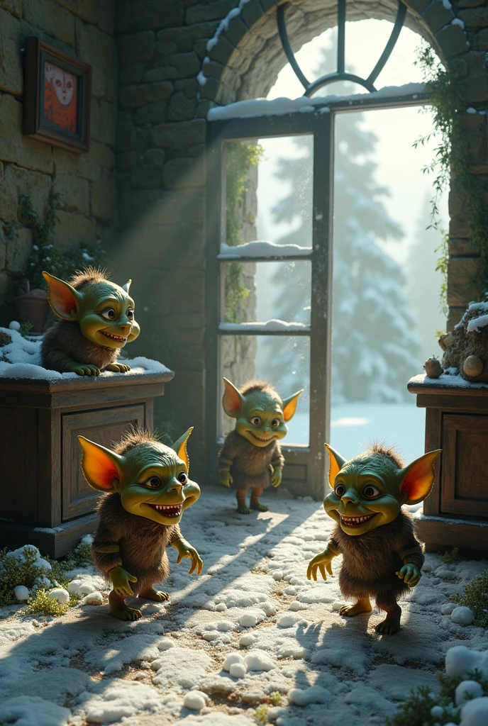 inside a room in an abandoned castle in a snowy forest several small goblins