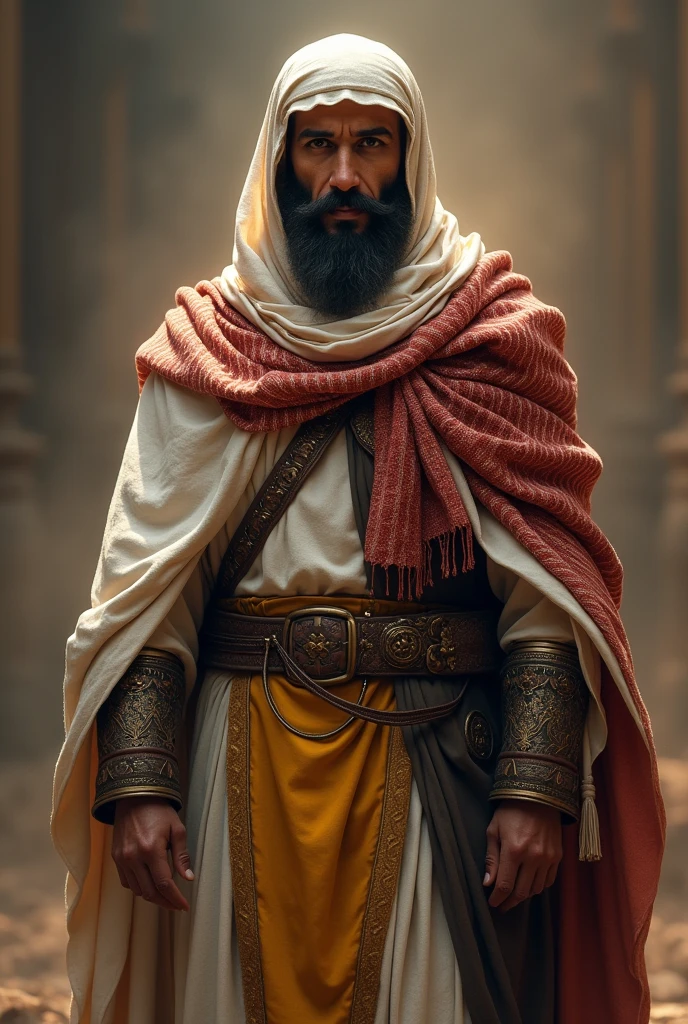 Imam (a.s) wearing a white woolen cloak and had wrapped around his shoulders red striped shawls of Qatari origin. He wore a headgear of fine cloth. wearing a yellow loincloth and was covering his shoulders with a flowery black shawl, Lighten face, pov back, warrior posture, cool