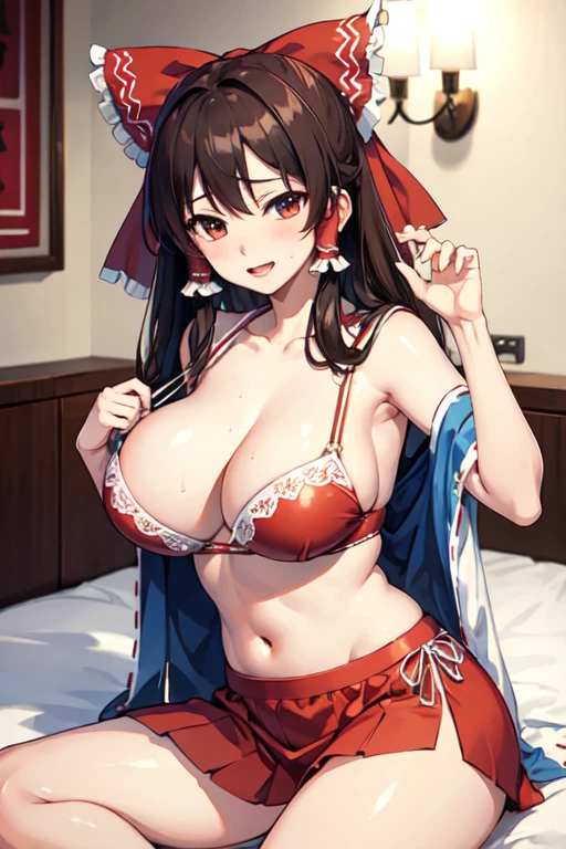 ((Highest quality)), ((masterpiece)), (detailed), Reimu Hakurei, sexy, On the bed in a love hotel, Make your bigger, Show your boobs!, sex, Erotic