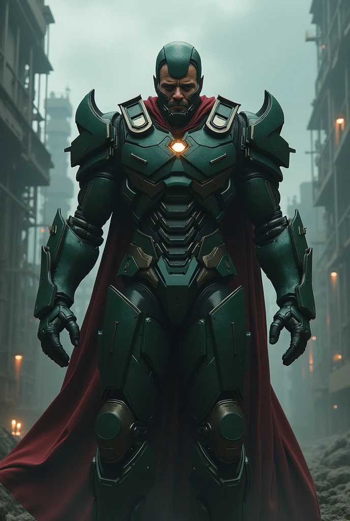 Generate an image of Tony Stark in the Dr Doom suit with a bad face