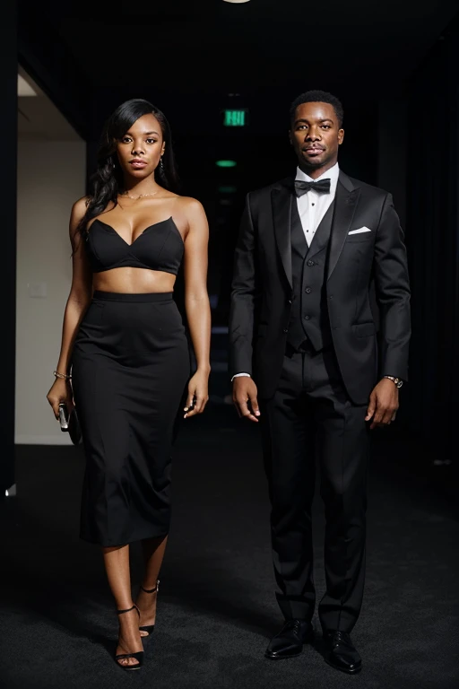 generate a picture of a rich black american ((duo)) wearing a semi-formal attire for an event with a minimal background ((whole body))