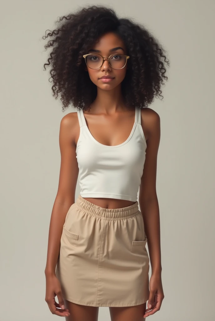 Draw a 19 year old girl, de 1,65 tall, curled hair, black color hair , dressed in a skirt, white skin color, wearing glasses,
Brazilian nationality
