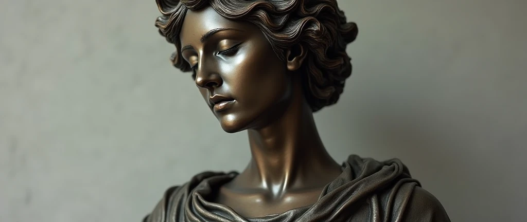 the face and shoulders of a muse with closed eyes, roman robes, hyperrealistic bronze sculpture
