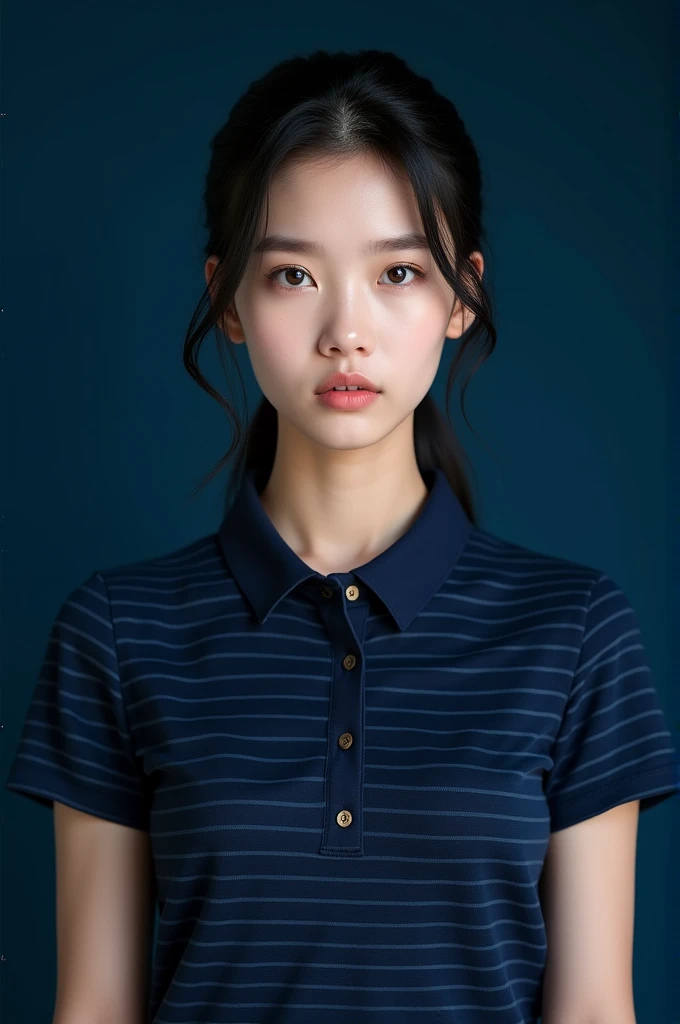 Front view of a serious light black-haired 20-year-old Thai beautiful girl beautiful face white body with a tight slicked back medium-length ponytail, wearing a polo shirt with a navy blue stripe running along the collar, dark blue backdrop.