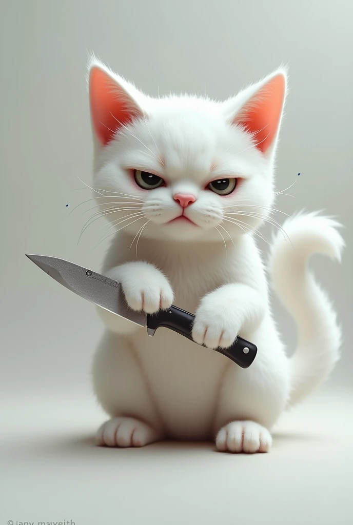 ((best quality)), ((masterpiece)), (detailed), perfect face, kitty white, knife in paws, tired. The cat's expression should show stress and irritation but also retain a level of cuteness