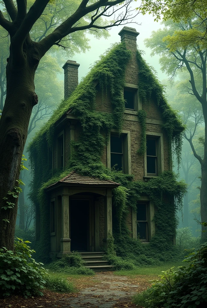 An abandoned house covered in ivy and trees