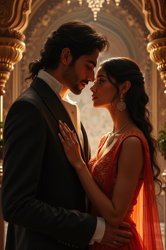 Create an image of an indian girl Saranya living in Valery Kogan's Caesara mansion. Saranya putting her hand on moulay hassan chest and look in his eyes.