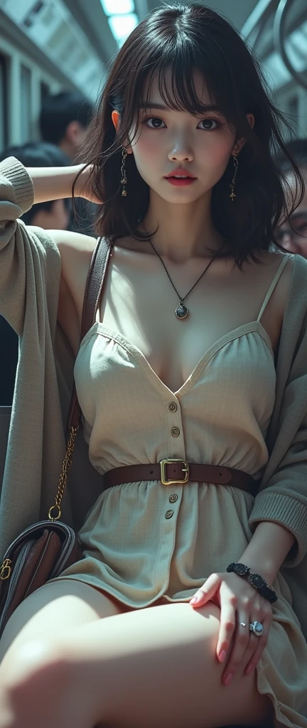 (32K:1.9, Highest quality, masterpiece, Ultra-high resolution, Professional random angle camera work:1.5, Very detailedな肌と顔の質感:1.4), Always accurate, Very detailed, bag, (25 year old cute Japan woman, Camisole dress and cardigan:1.5, Incredibly slim body:1.3, areola is not visible:1.4, Big breasts on the verge of collapse), (((Crowded train:1.5, Crazy behavior:1.7, Man touching a woman:2.0))), belt, Fair skin, elegant, sense of cleanliness, Thin eyebrows, (Big eyes that exude beautiful eroticism:0.4, Her facial expression when she feels that she is being caressed intensely:1.0, Facial expressions when feeling happy:1.0, Expressions of drowning in pleasure:1.0, I despise you from the bottom of my heart:0.8, Open your mouth a little, lipstick, Feel the beautiful eroticism:0.9, Dark brown medium hair), Earrings, necklace, bracelet, romantic, mysterious, Object of admiration, original, dramatic, artistic, Innovative, charm, Heartful, Fancy, Tilt, sense of loss, special, ((exciting, Extreme, sense of openness, suffering, sufferingの表現)), (((Mistakes of Youth, 女性的なcharm)))