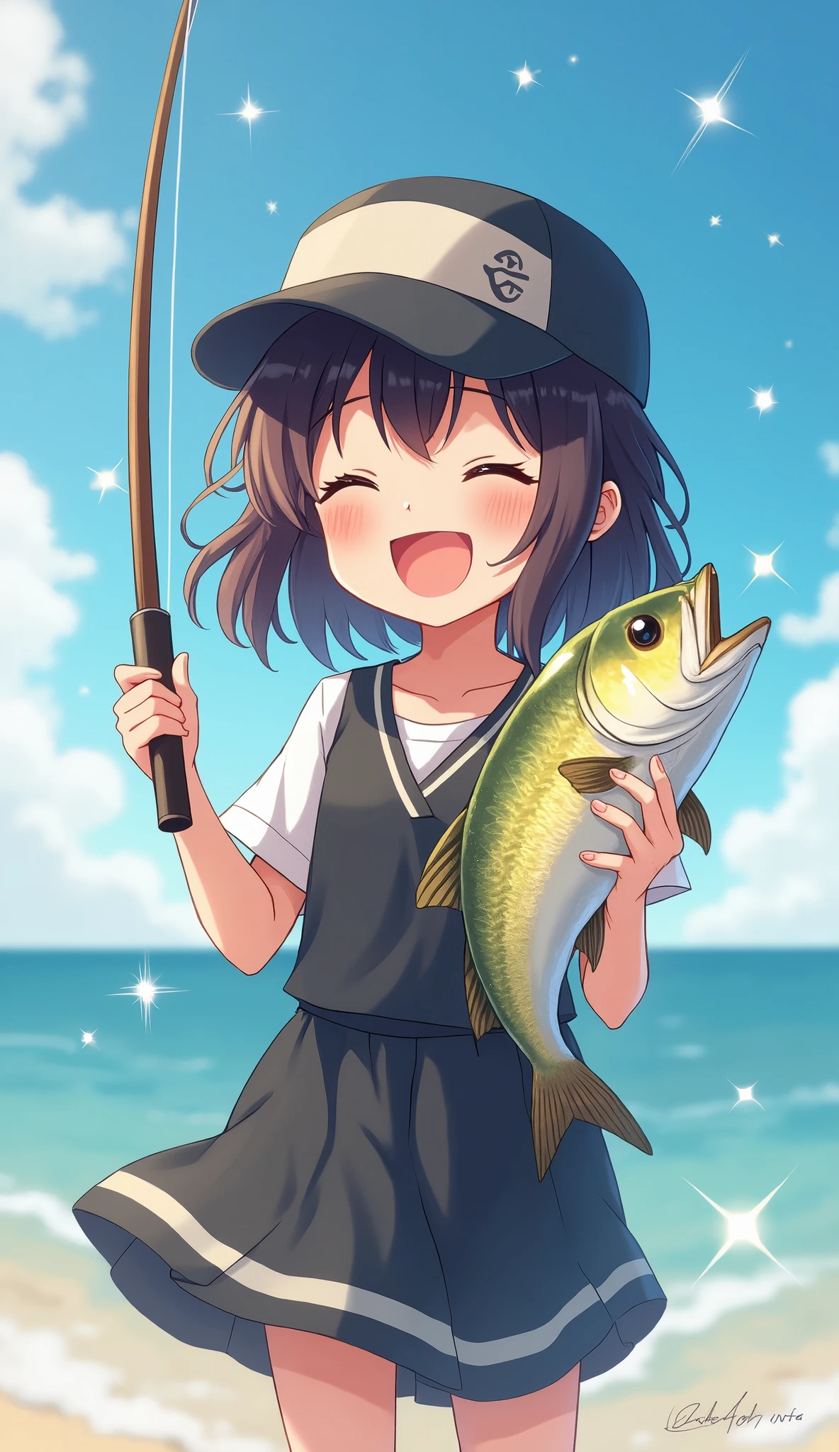 anime,Sparkling light effects, light effects, soft colors, ((Amazingly Absurd)), ultra high resolution, attention to detail, high quality, high resolution, highest quality, 4k, 8K, artwork, break, highlighting fishing rod and fish, summer breakwater, fishing girl, black vest, cap, break, eyes closed, big smiling mouth, big smile after catching a fish, angel smile, break, rod in left hand, fish in right hand