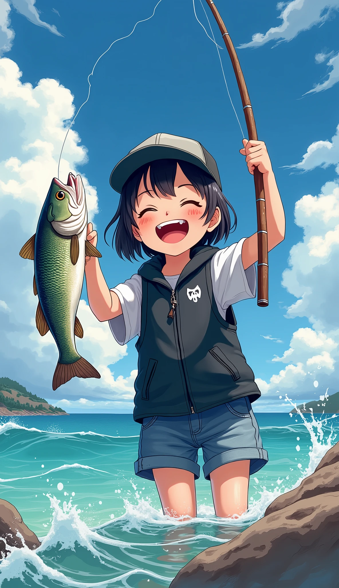 (Japanese manga:1.2),2D,detailed summary,highest quality,best picture quality,(amazingly absurd:1.2),(masterpiece:1.2),break,ultra high definition,attention to detail,high quality,high resolution,best quality,4k,8K,break,highlighting fishing rod and fish,summer breakwater,fishing girl,black vest,cap,break,closed eyes,big smiling mouth,big smile after catching a fish,angel smile,break,rod in left hand,fish in right hand