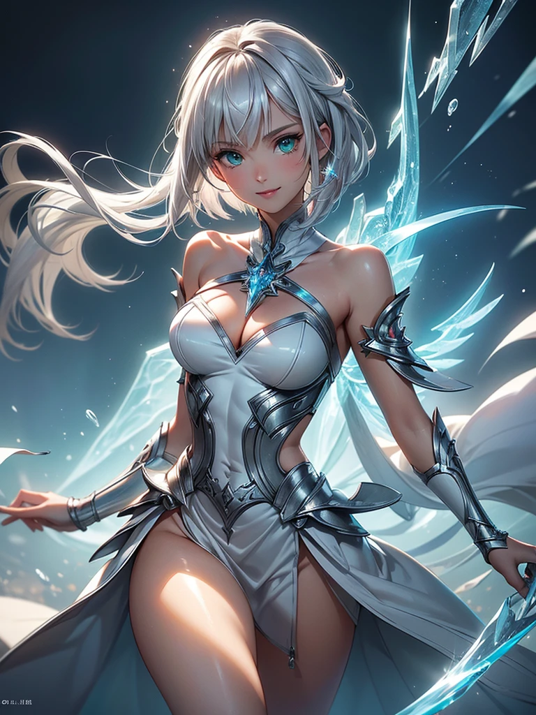 ((masterpiece, best quality, ultra-detailed, high resolution, extremely detailed CG, super detailed, Beautiful human body modeling, Most beautiful clean lighting)), 1 girl, Young looking girl, beautiful girl, cute girl and idol face, smile, shiny silver hair and short bob cut and ahoge, beautiful green, eyes, white skin, Fantasy worlds, ice worlds, silver armour, blizzards, ice blades.